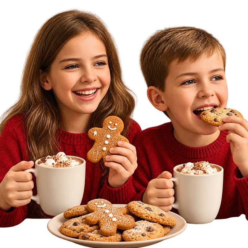 Children with hot chocolate and Christmas cookies